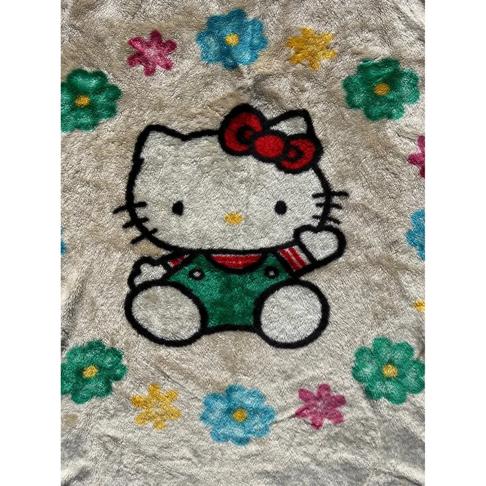 VTG 90s Sanrio Hello Kitty Thermal Plush Throw Blanket Cream Floral 43x49 Kawaii